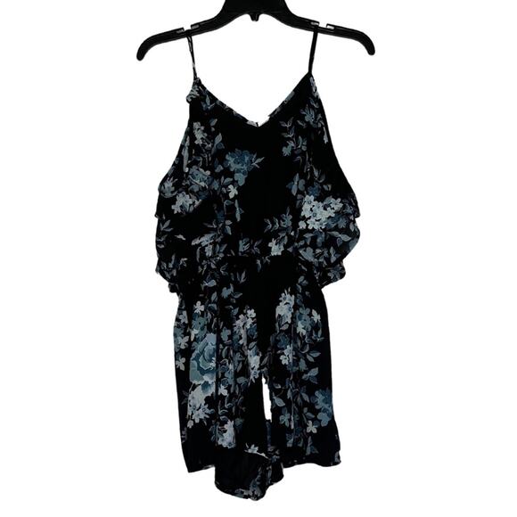 Black Blue Floral Aqua Cold Shoulder Wrap Spaghetti Strap Tie Romper C27 - Picture 2 of 11